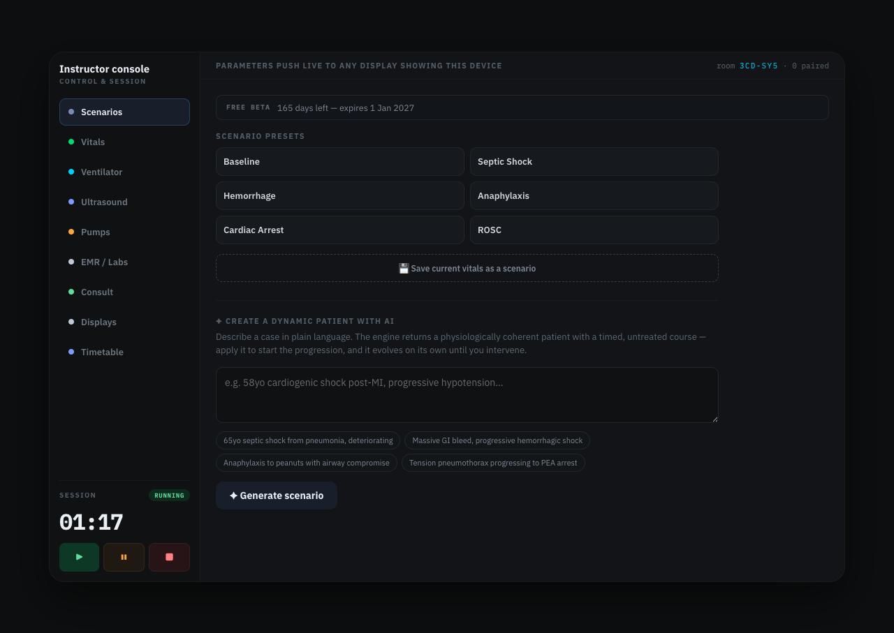 Scenario screen: create a dynamic patient with AI from a plain-language description