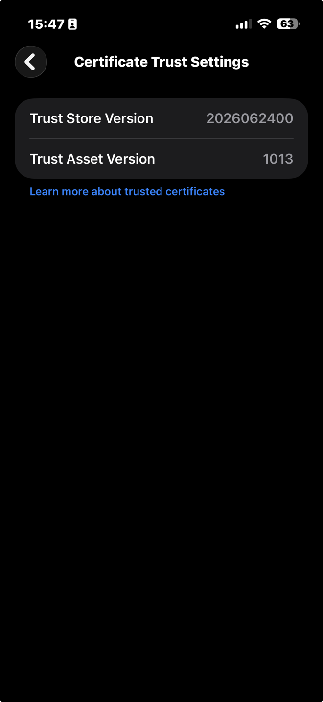 iOS Certificate Trust Settings showing only trust store versions and no certificate toggle — the profile has not been installed yet.