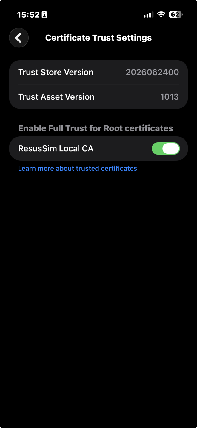 iOS Certificate Trust Settings with the ResusSim Local CA toggle enabled.