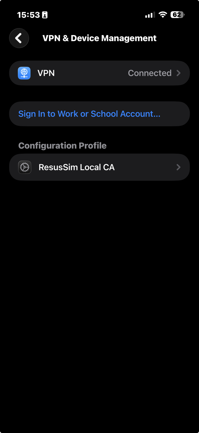 iOS Settings, VPN & Device Management, showing the ResusSim Local CA configuration profile.