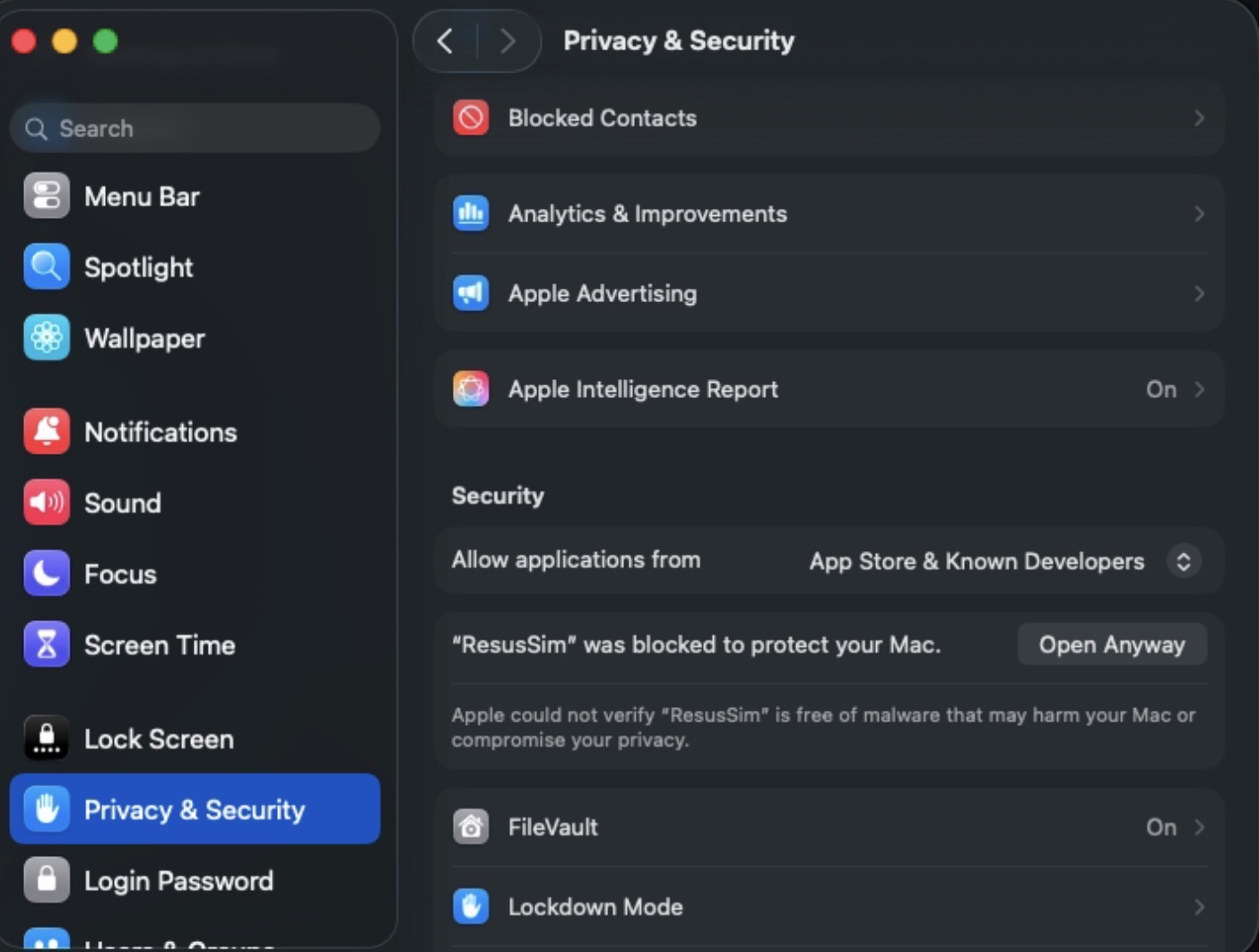 macOS System Settings, Privacy & Security pane, showing “ResusSim was blocked to protect your Mac” with an Open Anyway button.